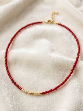 Red Beaded Necklace with Gold Accent - Women Jewelry